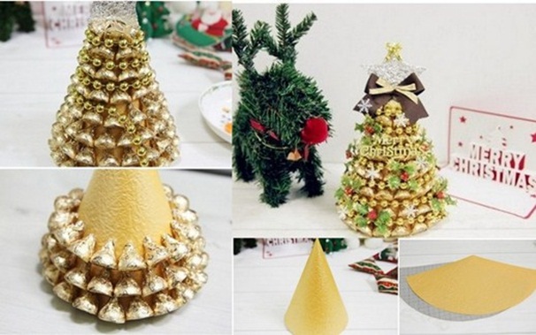 homemade christmas gift idea tabletop tree gold chocolates paper cone