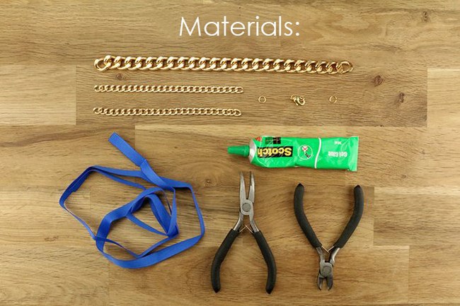 Easy 4 step DIY woven ribbon and chain necklace